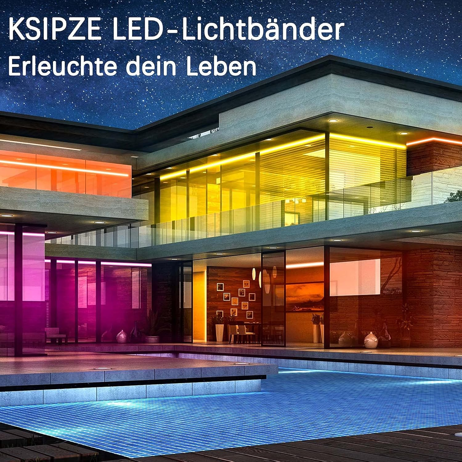 Modernes Haus mit LED-Lichtleisten, die die Fassade und den Poolbereich bei Nacht beleuchten. Sternenhimmel im Hintergrund.