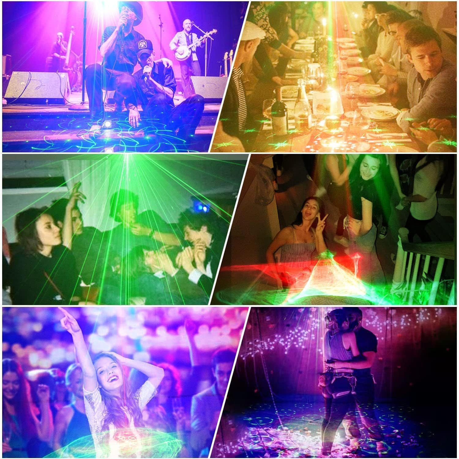 Collage von Szenen mit Lichtern: eine Band auf der Bühne, ein Abendessen und tanzende Menschen, alles mit bunten Lichtern.