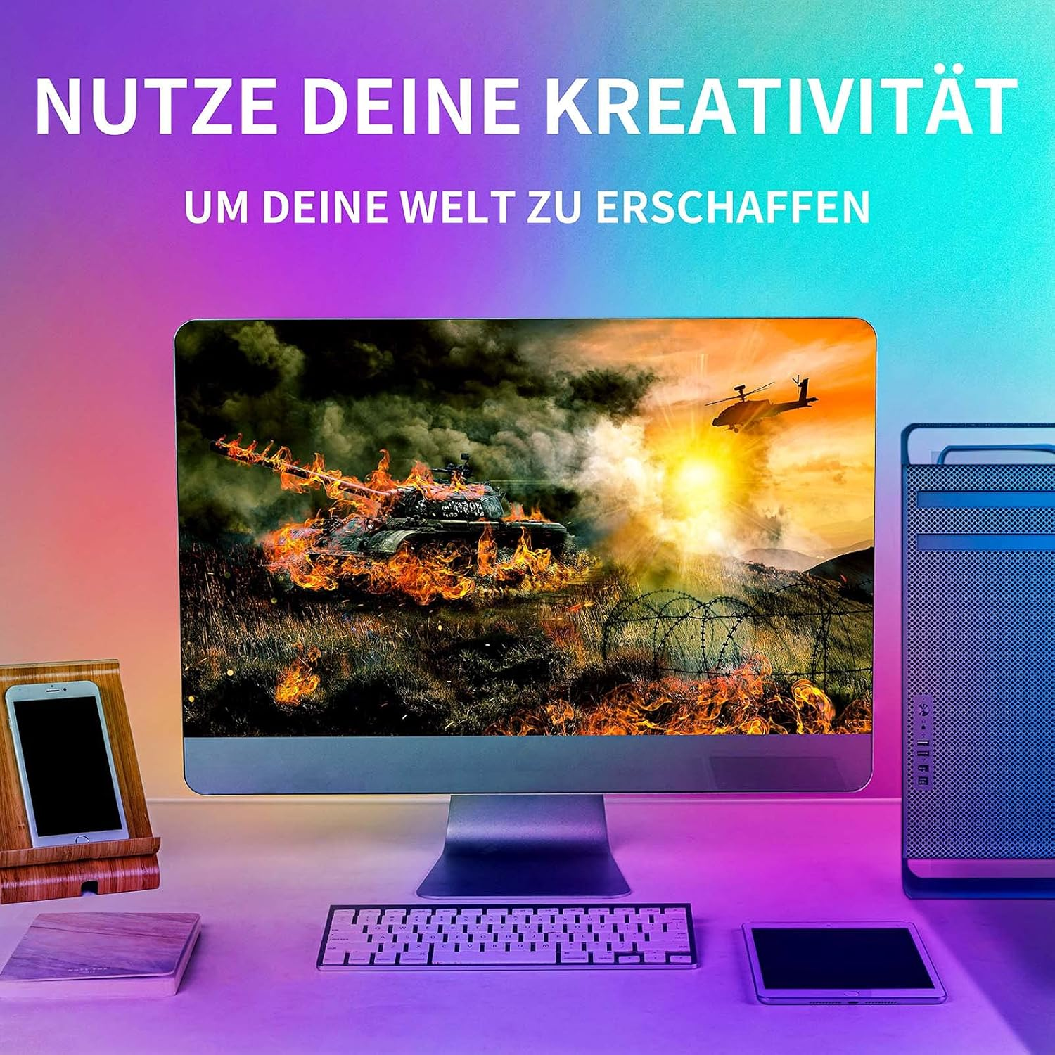 Ein Computer-Setup mit einem Monitor, der ein brennendes Panzerbild zeigt. Der Hintergrund ist bunt.
