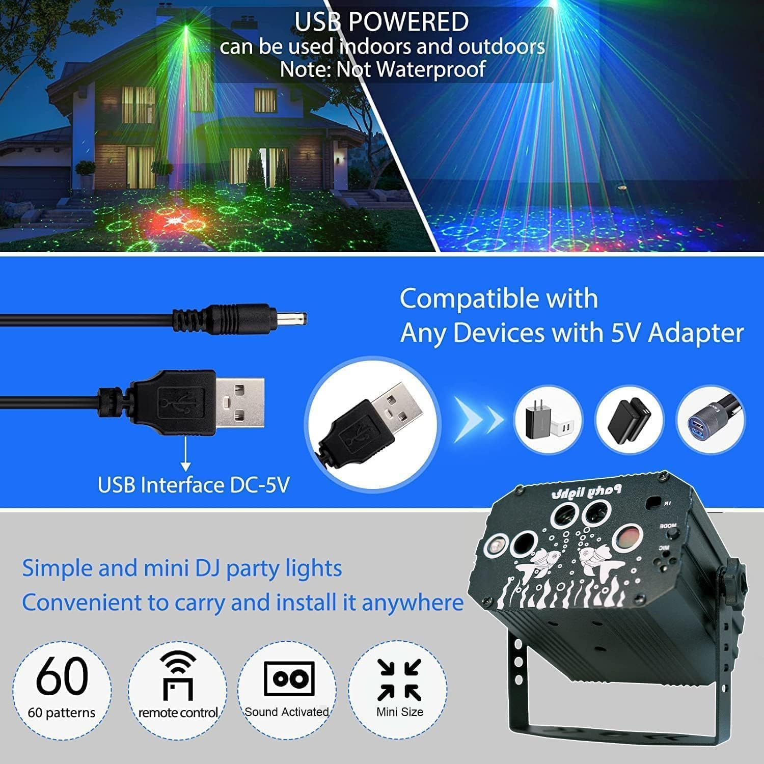 DJ-Party-Lichter. Schwarzes Gerät mit Knöpfen, USB-Anschlüssen und einem Ständer. Text: '60 Muster', 'Fernbedienung'.
