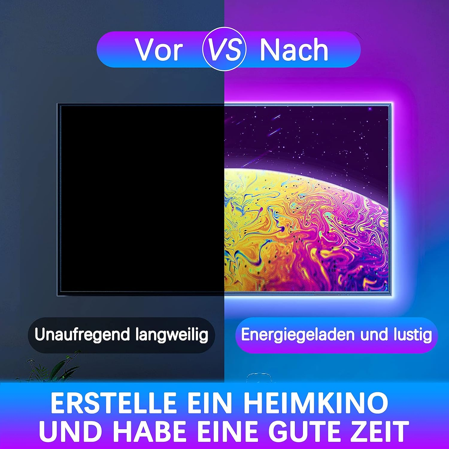 Bild zeigt Vorher-Nachher-Effekte eines Fernsehers. Die rechte Seite mit bunten Lichtern.