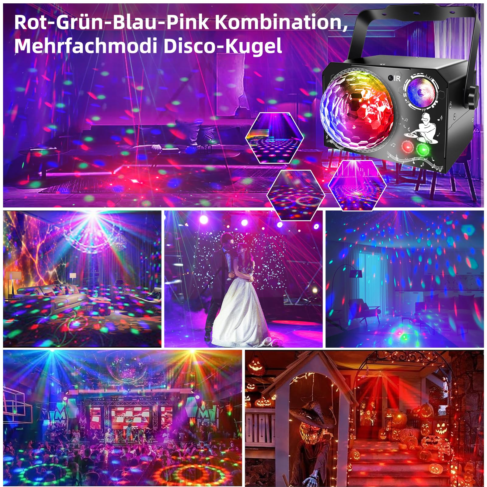 Eine Discokugel projiziert farbige Lichter in verschiedenen Umgebungen, darunter eine Party und eine Hochzeit.
