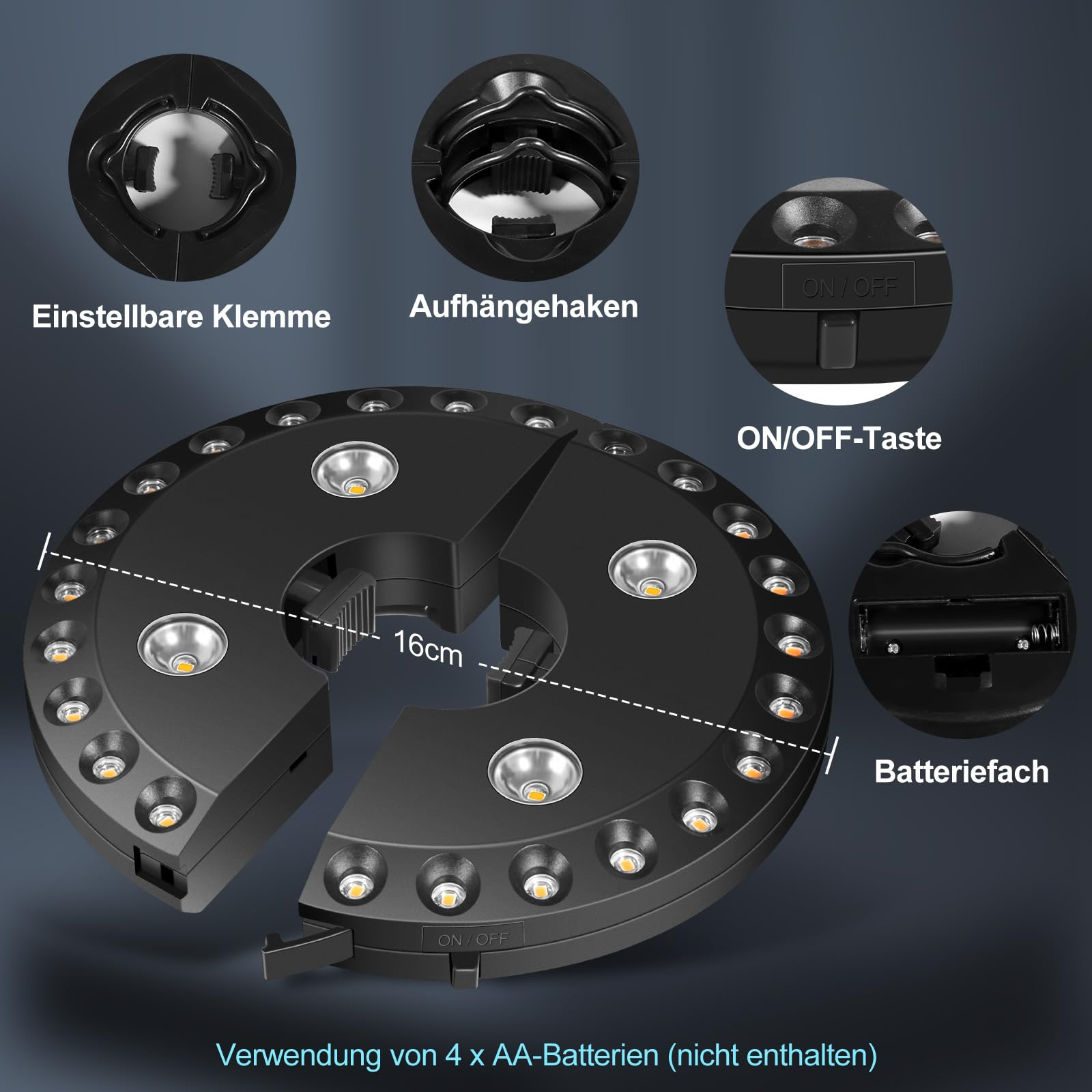 Ein schwarzes, kreisförmiges LED-Licht, aufgeteilt, zeigt die inneren Komponenten mit Batteriefach.