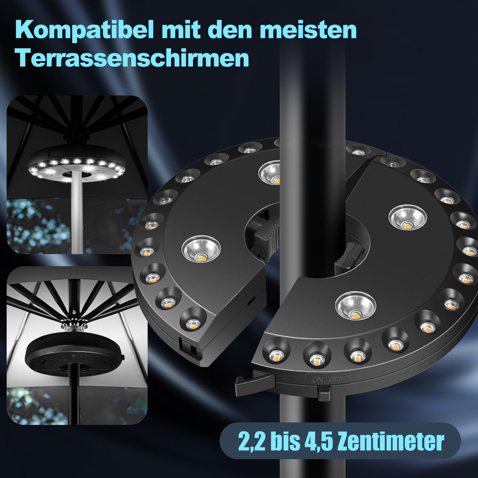 Ein schwarzes, kreisförmiges LED-Licht für einen Sonnenschirm. Das Bild zeigt die Merkmale und die Befestigung.