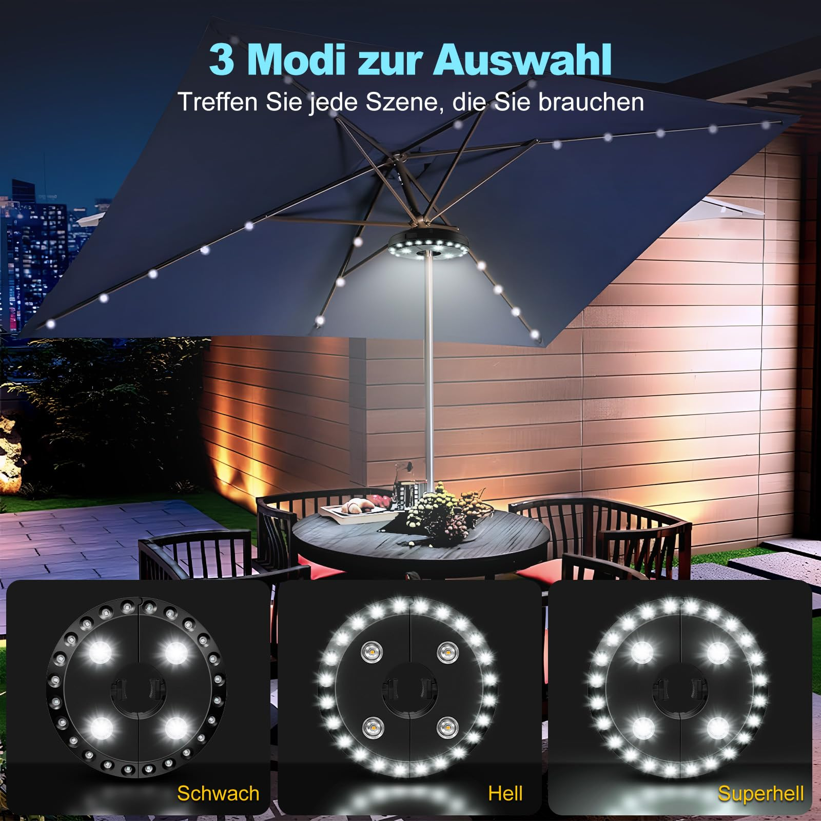 Ein beleuchteter Schirm mit drei verschiedenen Beleuchtungsmodi, mit Tisch und Stühlen. Der Text ist auf Deutsch.