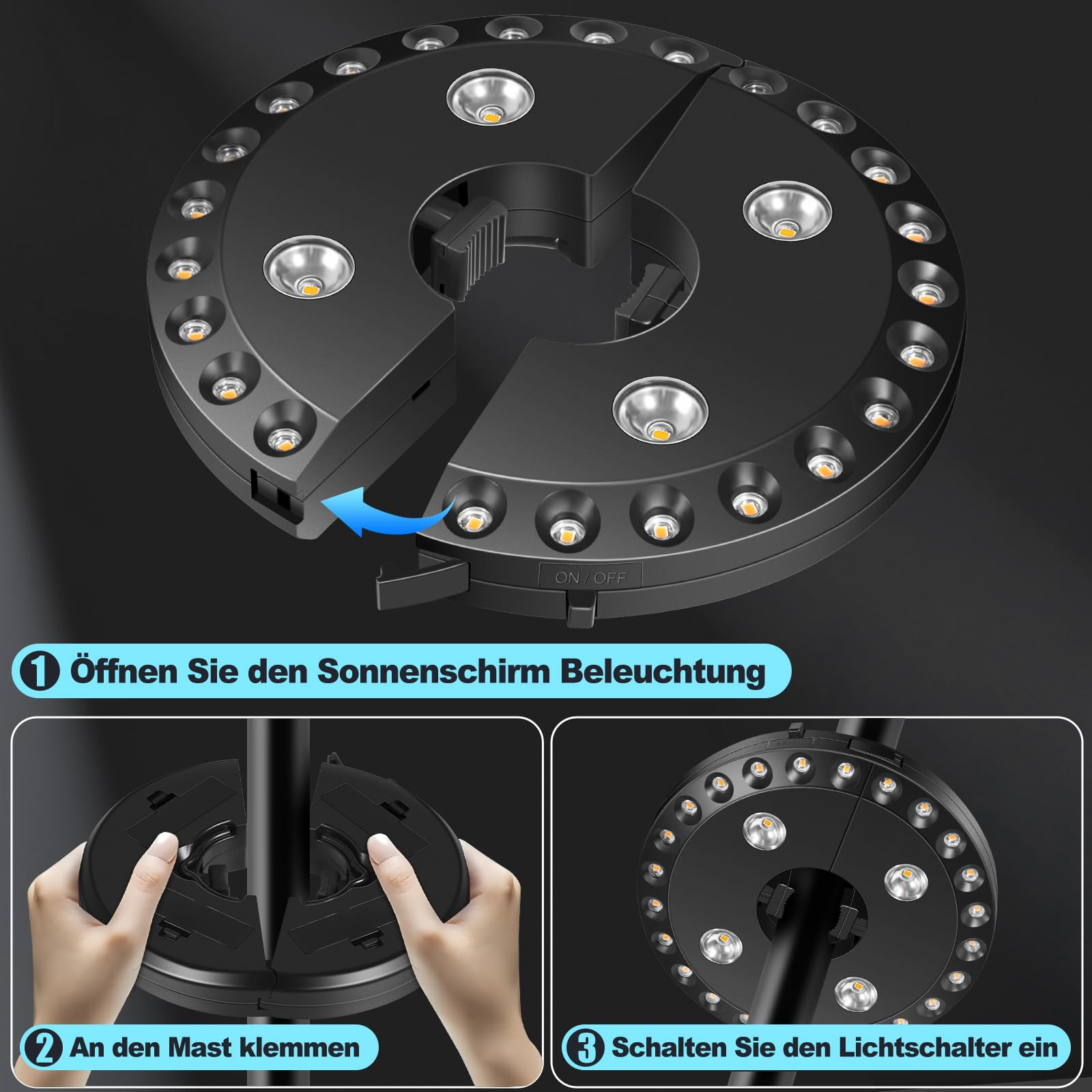 Schwarze Sonnenschirmlampe mit LED-Leuchten. Anweisungen zum Öffnen, Einklemmen und Einschalten.