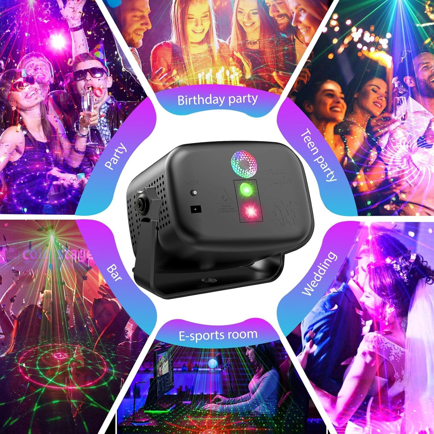 Ein Projektor mit Party-Szenen: Geburtstag, Teenager, Hochzeit, E-Sport und Bar.