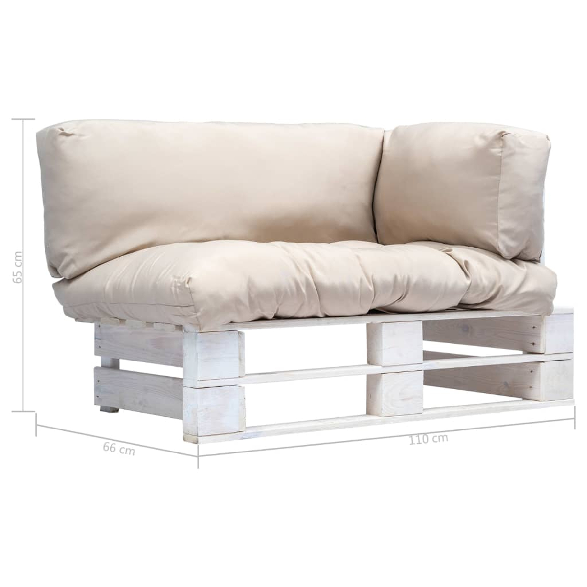 Seitenansicht eines beigen Ecksofas mit Maßen auf weißer Palettenbasis.