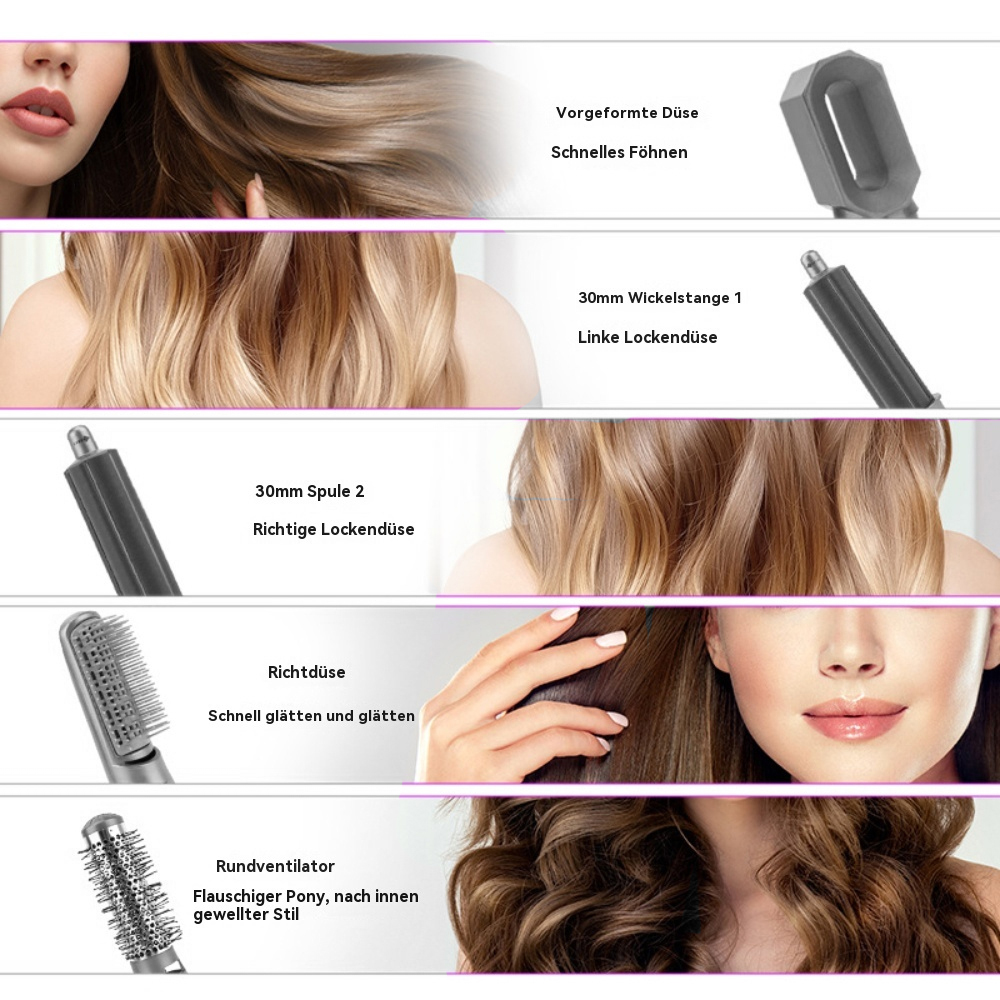 Eine Collage mit Haarstyling-Werkzeugen und Ergebnissen, einschließlich Lockenstab und Bürste.