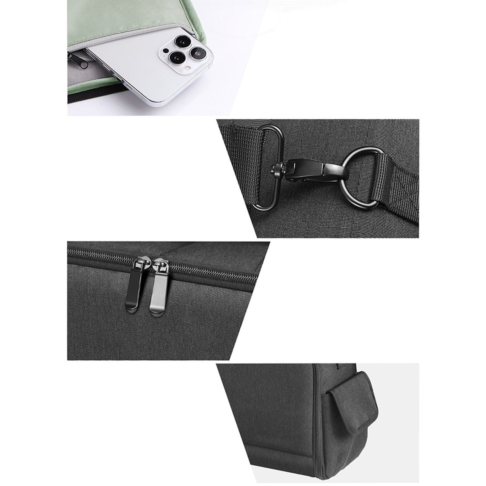 Nahaufnahmen von Details einer schwarzen Tasche: Reißverschluss, Riemen und ein Telefon in einer Tasche.