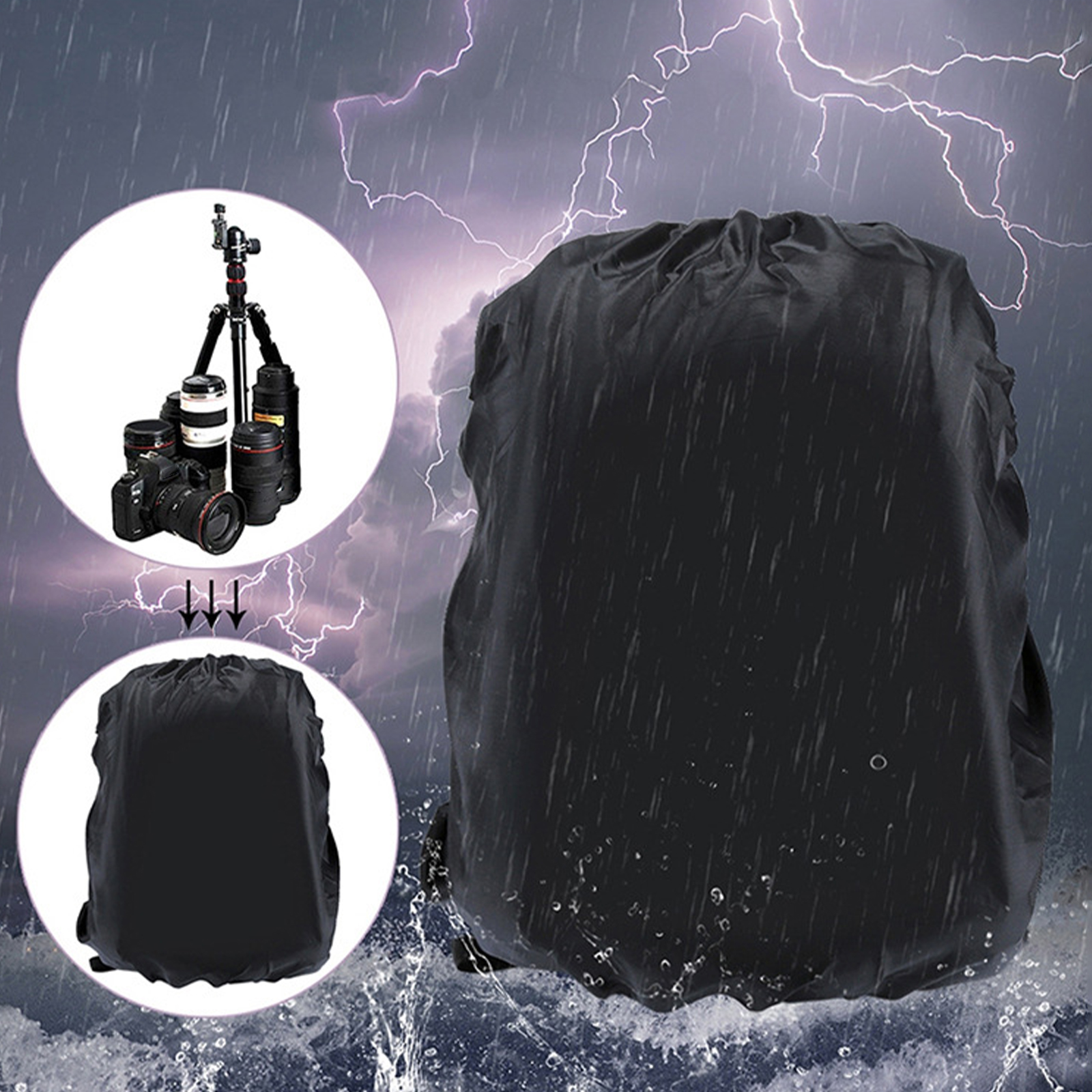 Schwarze Kameraabdeckung im Regen. Kamera, Stativ und Objektive in einem Kreis. Schwarze Abdeckung in einem anderen Kreis.