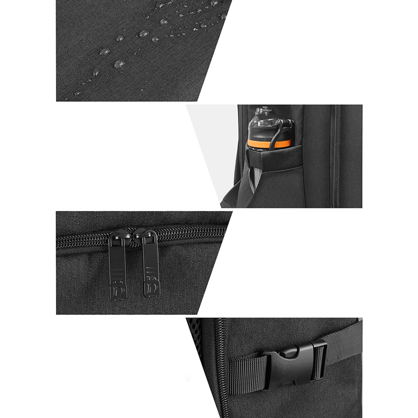 Nahaufnahme eines schwarzen Rucksacks: Wassertropfen, Trinkflaschentasche, Reißverschlussdetails und Schnalle.