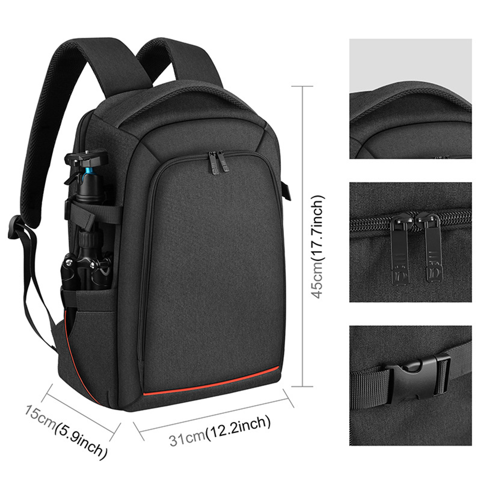 Schwarzer Rucksack mit den Maßen 15x31x45cm. Enthält Stativ, roten Akzent und Reißverschlussdetails.