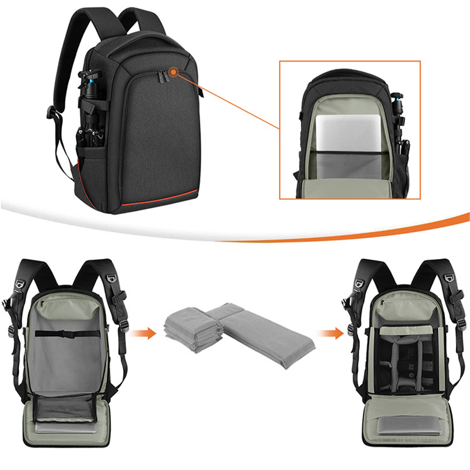 Ein schwarzer Rucksack mit orangefarbenen Zierleisten. Die Tasche ist offen und zeigt die Innenfächer.