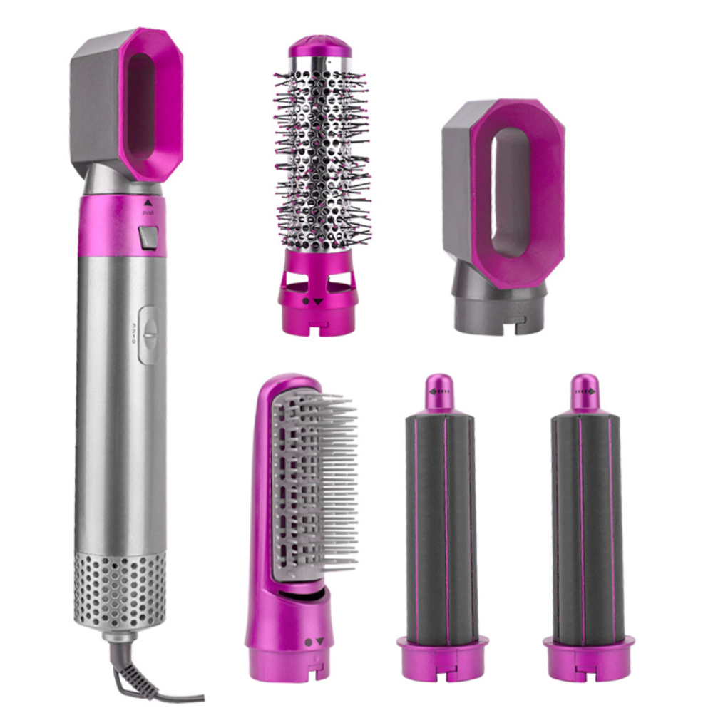 Haarstyler mit mehreren Aufsätzen in Pink und Silber. Enthält eine Bürste und Lockenstäbe.