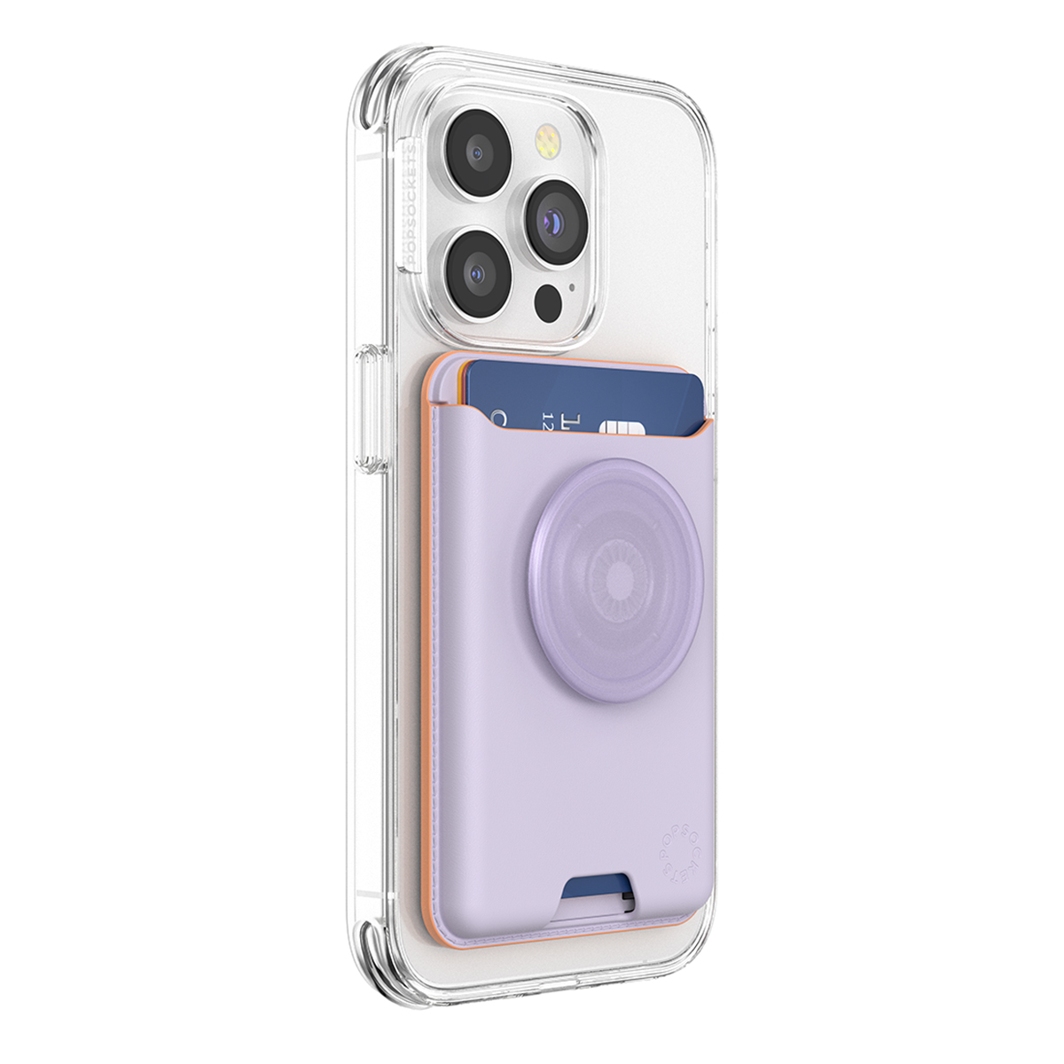 Custodia trasparente per telefono con porta carte viola, carta di credito visibile e pop socket.