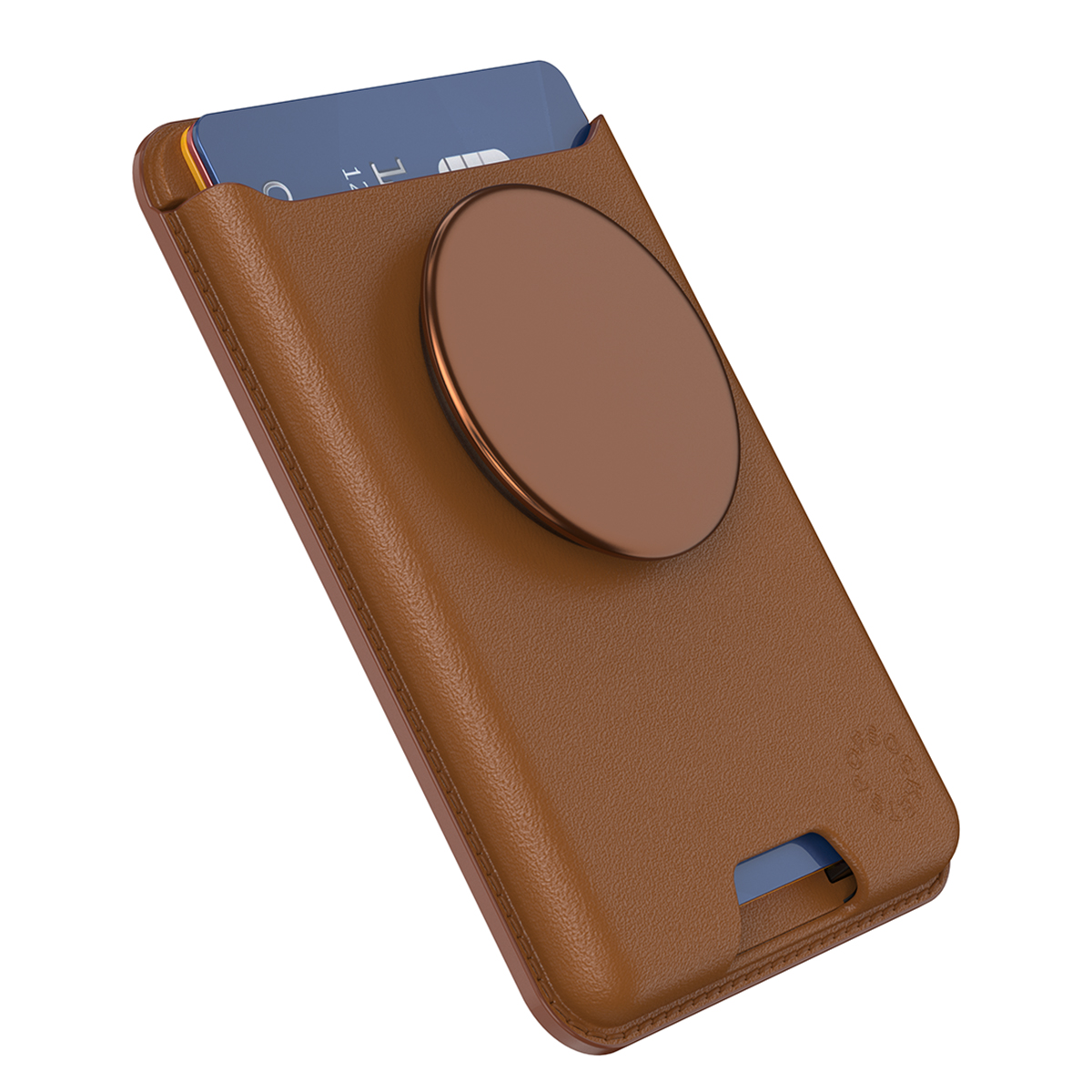 Custodia per telefono in pelle marrone con fessura per carte e un PopSocket marrone attaccato.