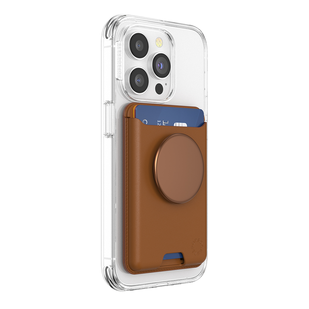 Custodia trasparente per telefono con porta carte in pelle marrone e PopSocket marrone attaccato, che tiene una carta.