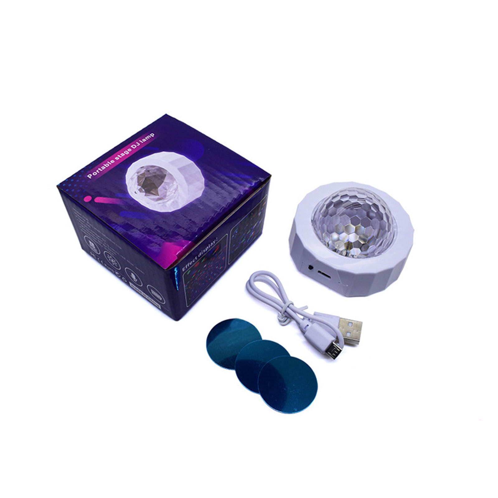 DJ-Bühnenlampen-Set mit Box, Lampe, USB-Kabel und blauen Scheiben. Weißer Hintergrund.