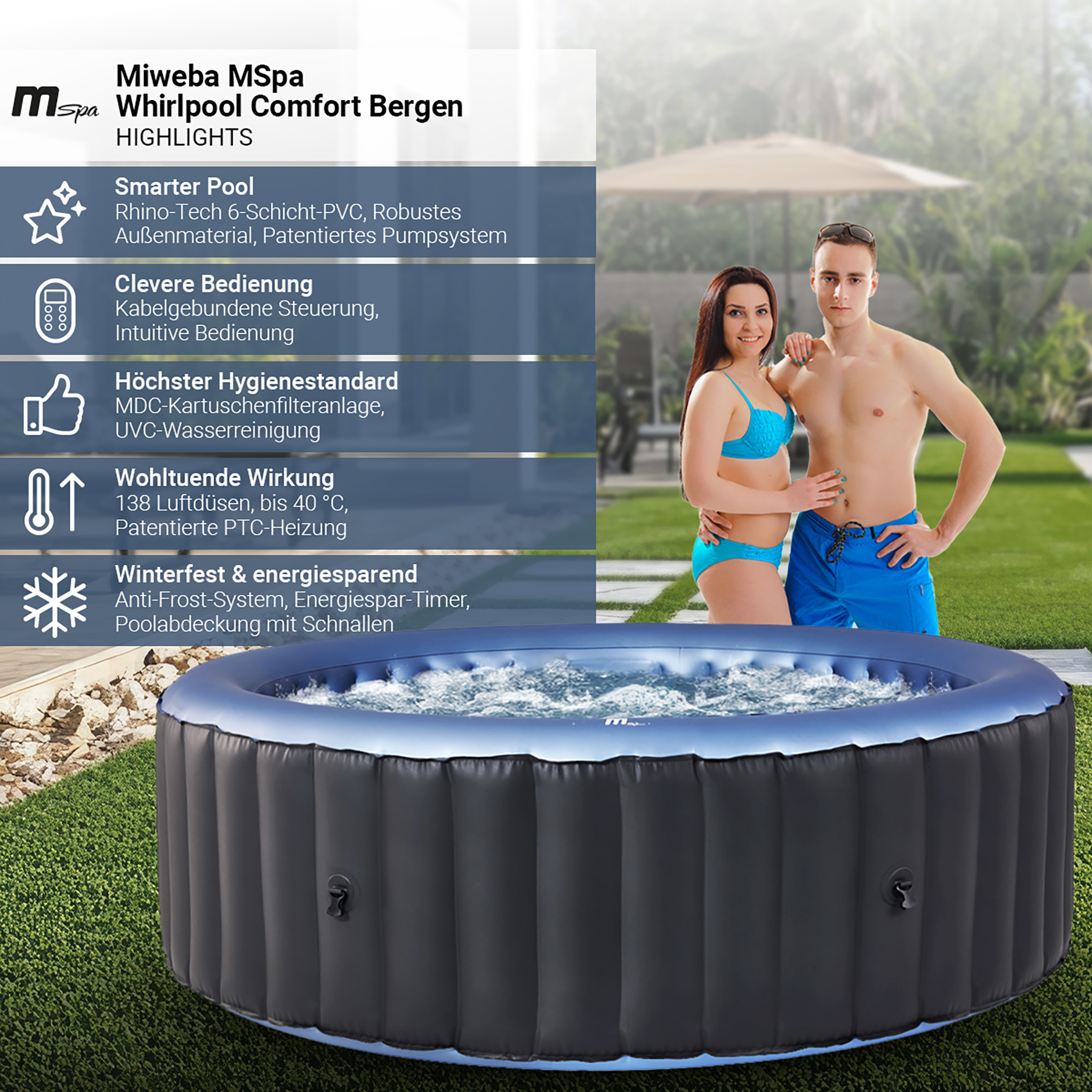 Ein Paar im Whirlpool mit Text über Funktionen. Grüner Hintergrund, sonniger Tag.