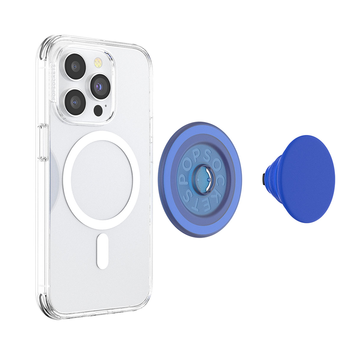 Una custodia per telefono con un telefono e un popsocket. La custodia è trasparente, il popsocket è blu.