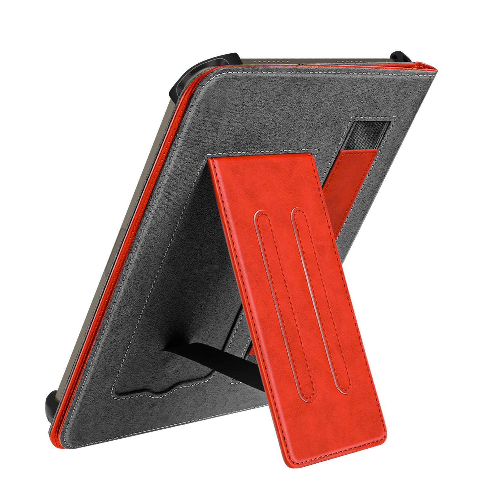 Una custodia per tablet rossa e grigia con cavalletto su sfondo bianco.