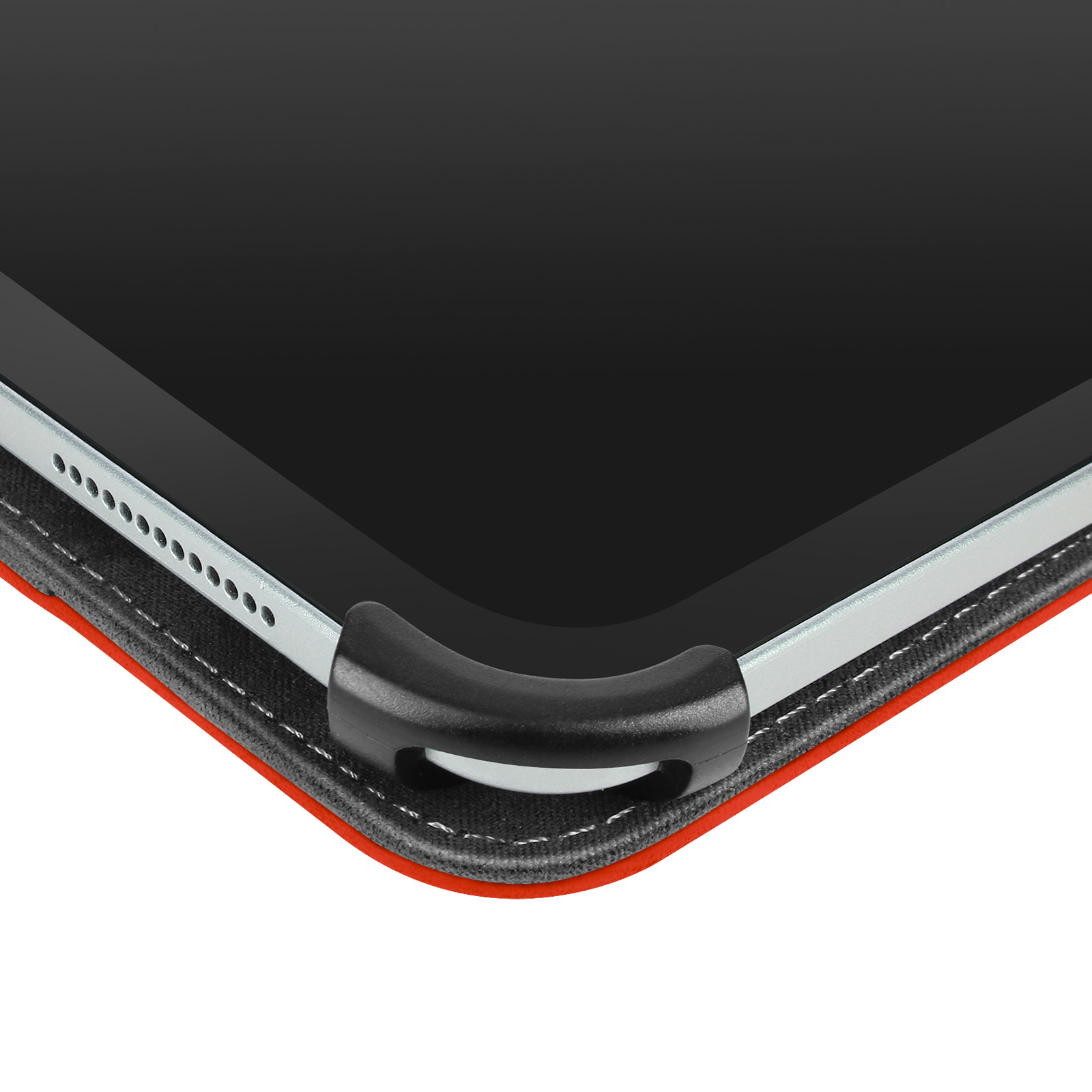 Primo piano di tablet in custodia rossa e nera. Supporto curvo nero sull'angolo.