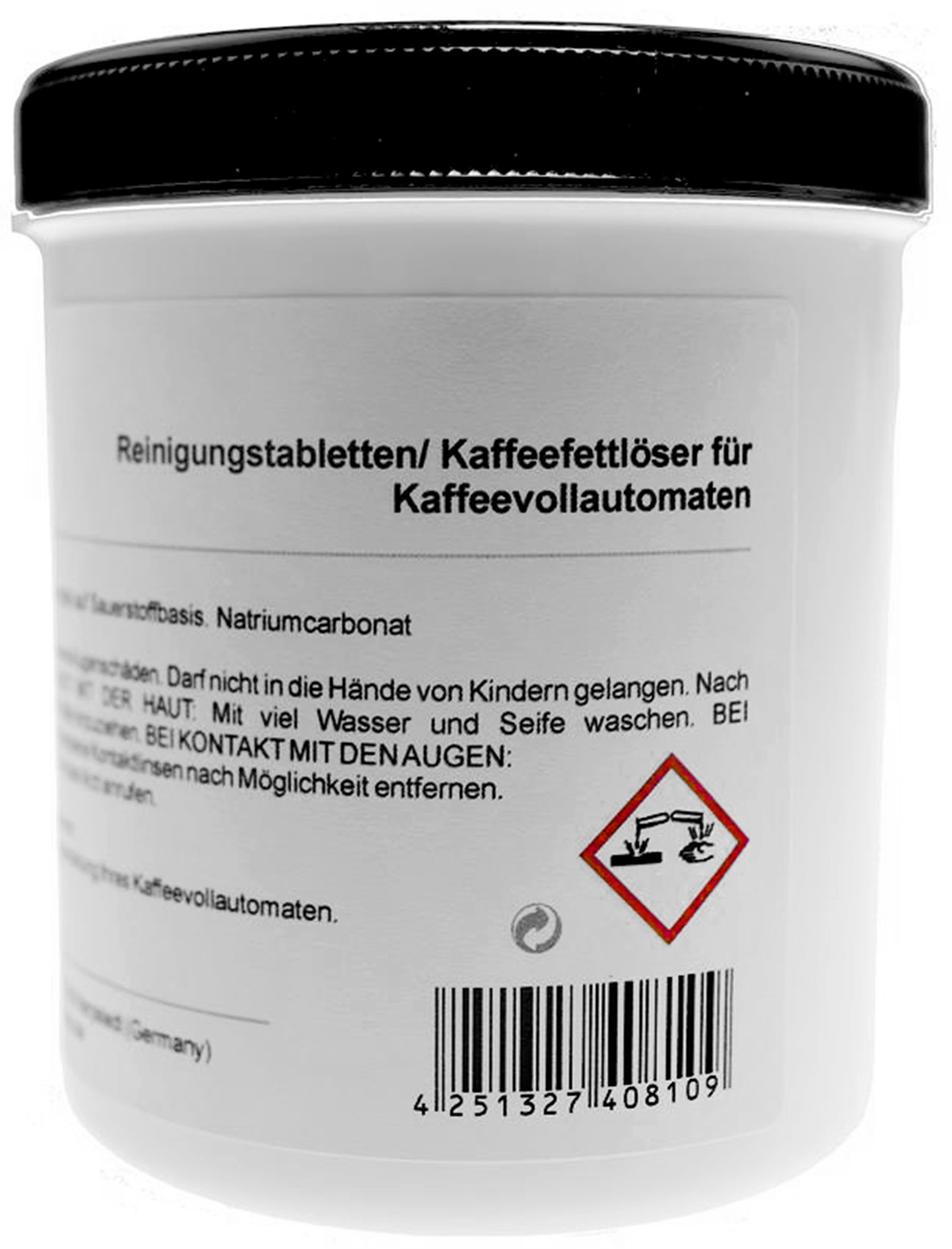 Weißes Glas mit Etikett, Text.