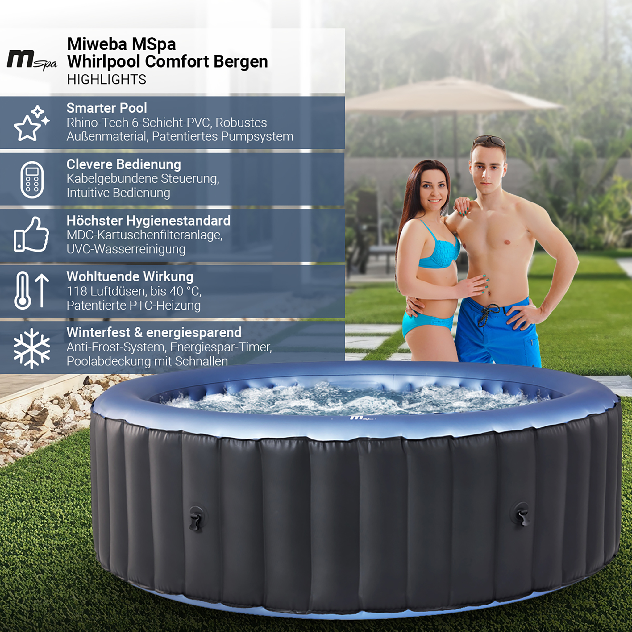 Ein Paar im Whirlpool, mit Text, der die Funktionen und Vorteile des Spas beschreibt.
