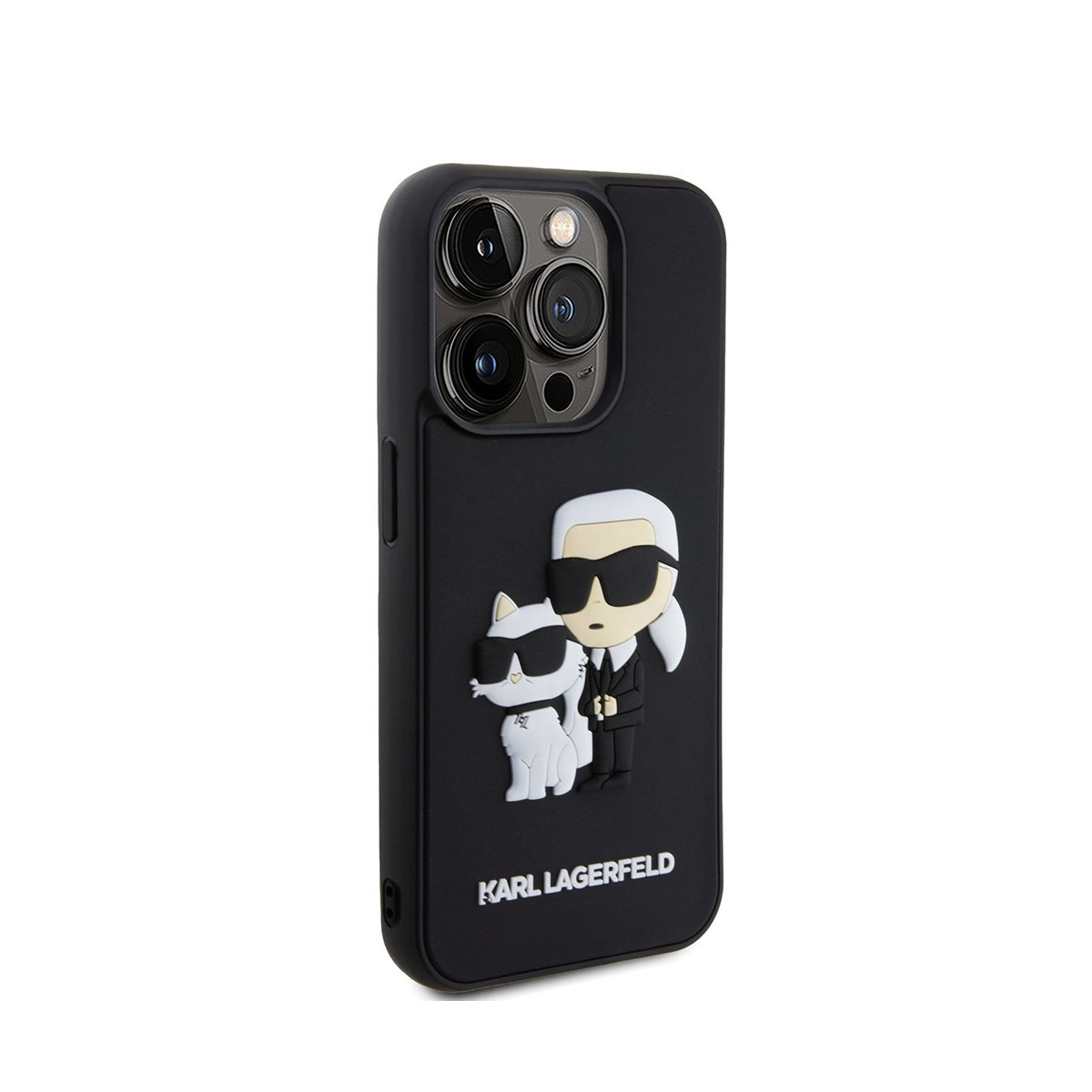 Custodia nera per iPhone con design Karl Lagerfeld, con Karl e Choupette.