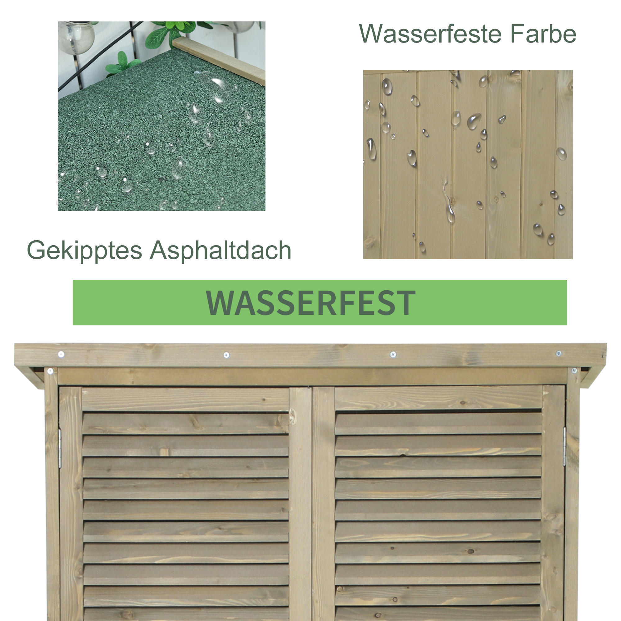 Holzschuppen mit drei eingebetteten Bildern von Materialien, beschriftet mit 'WASSERDICHT'.