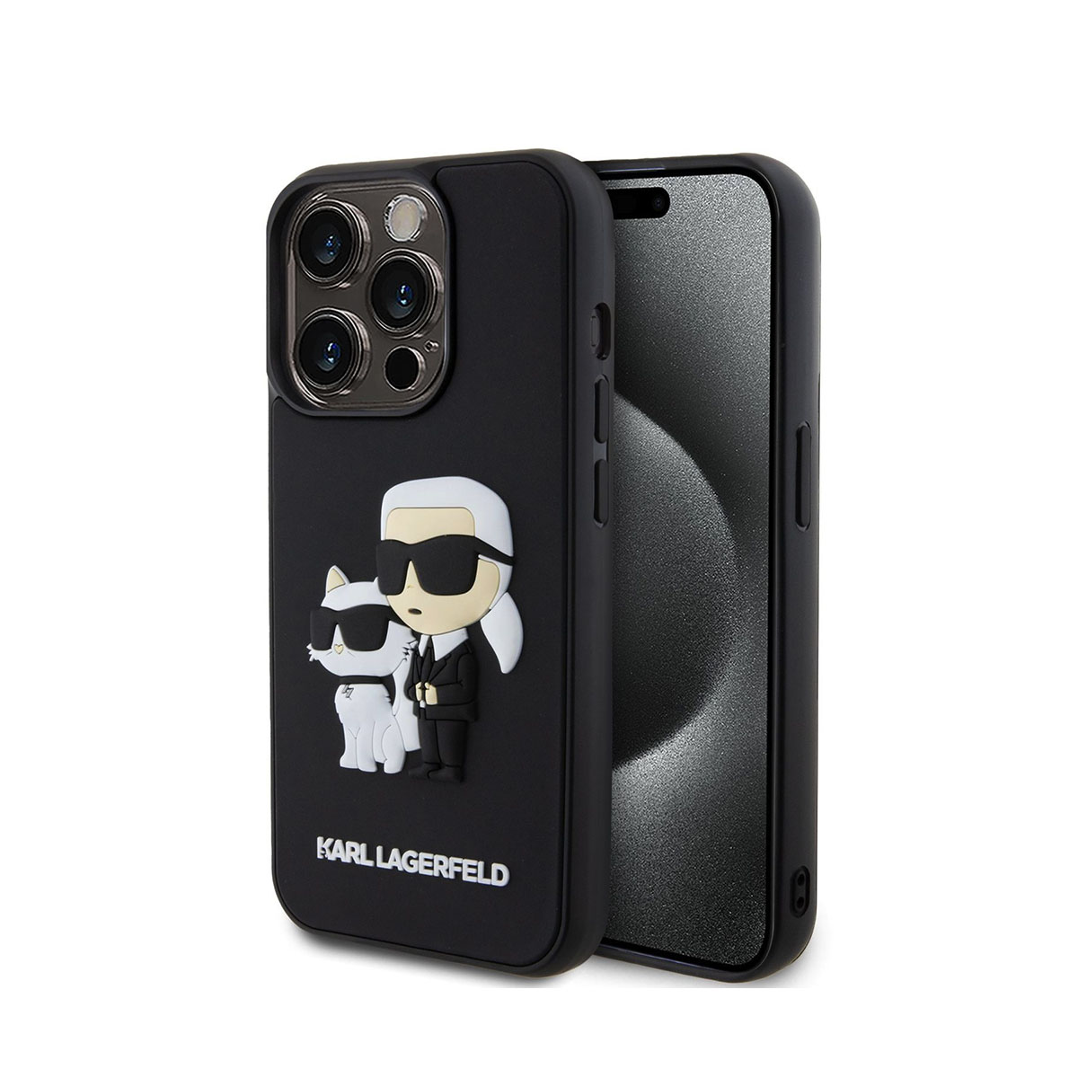 Custodia nera per iPhone con design Karl Lagerfeld, con Karl e Choupette.
