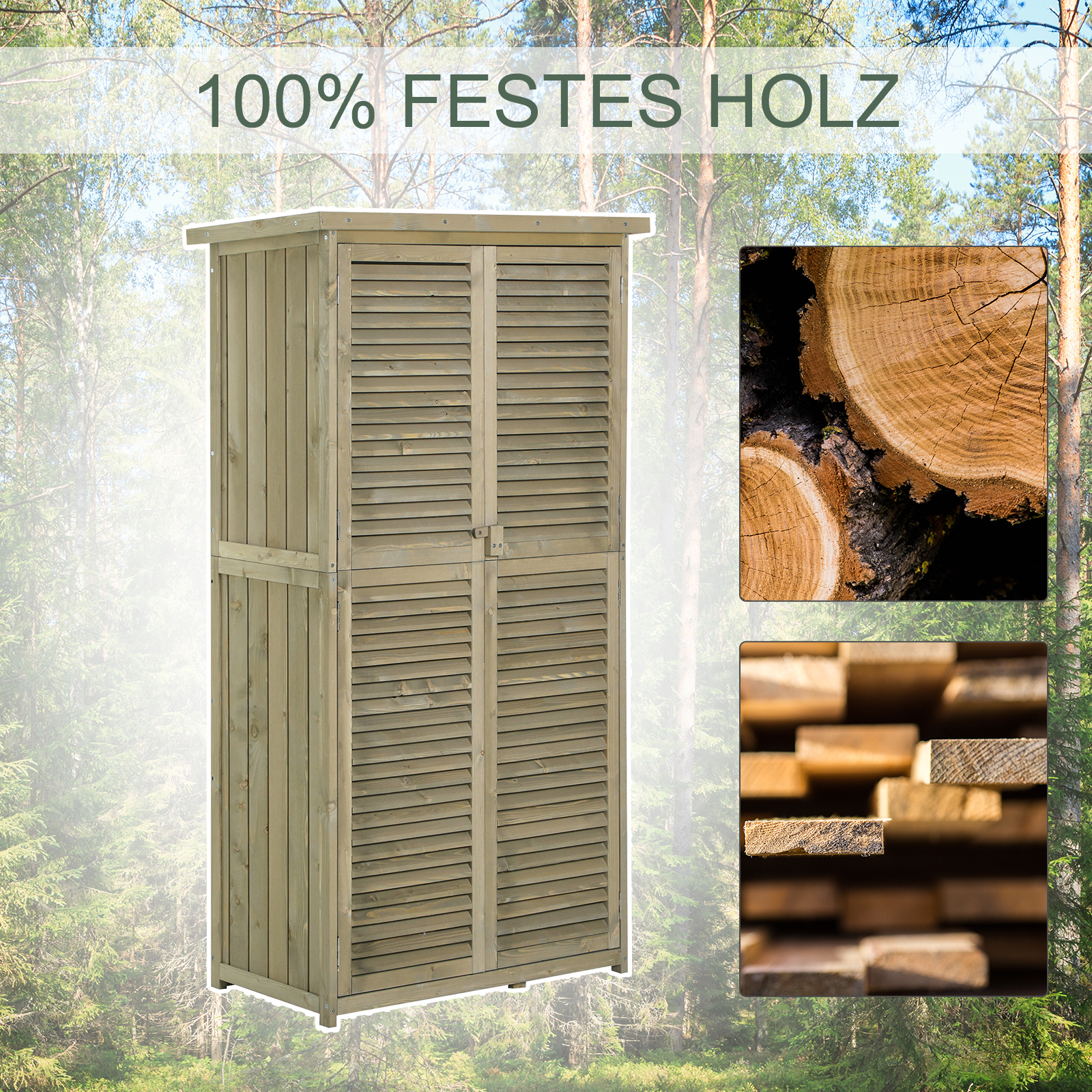 Holz-Aufbewahrungsschrank. Nahaufnahmen von Holzmaserungen in den Einsetzbildern. Text überlagert mit '100% Massivholz'.