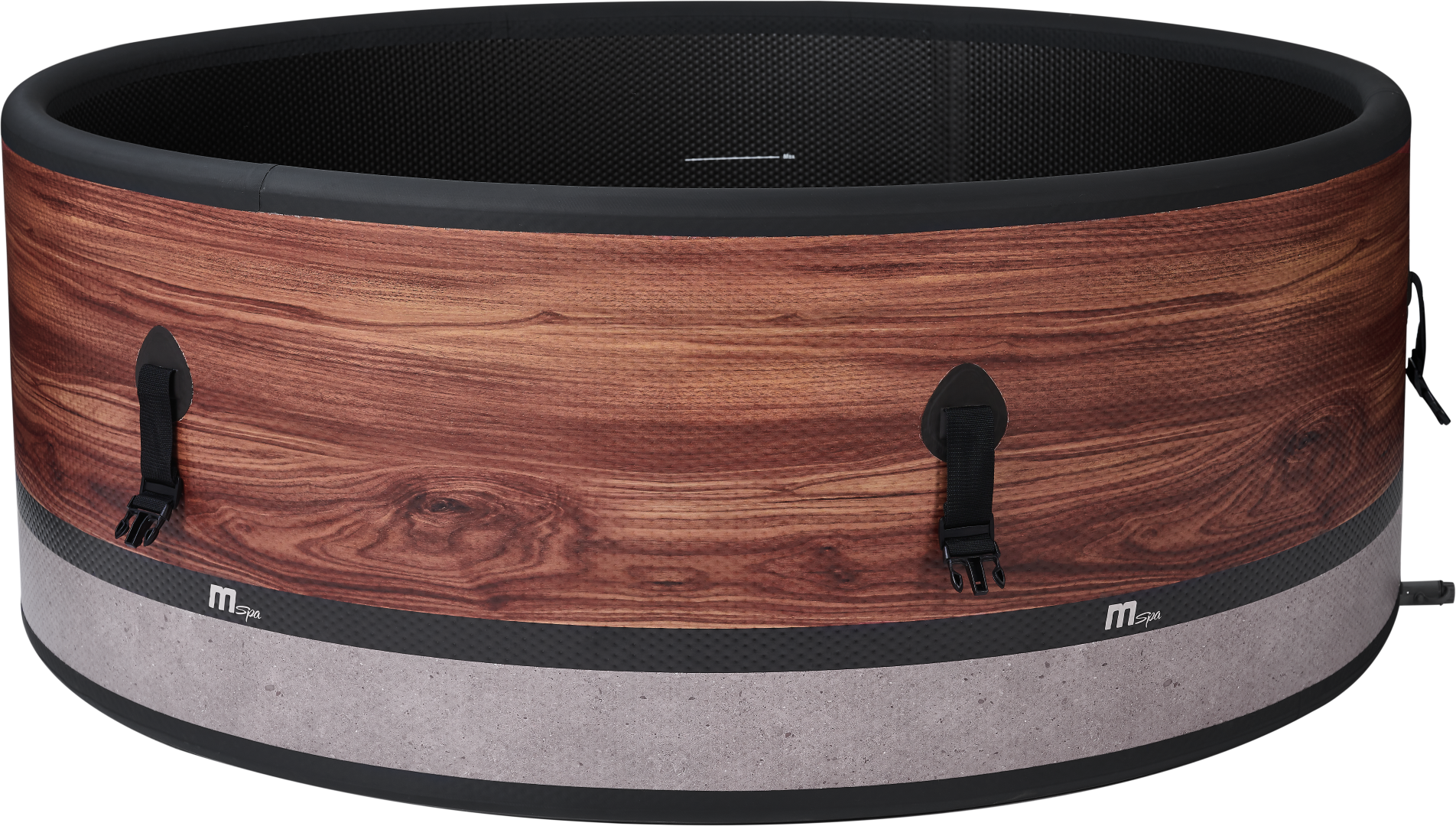 Runder Whirlpool mit Holzoptik. Der Hintergrund ist ein weißer Hintergrund.