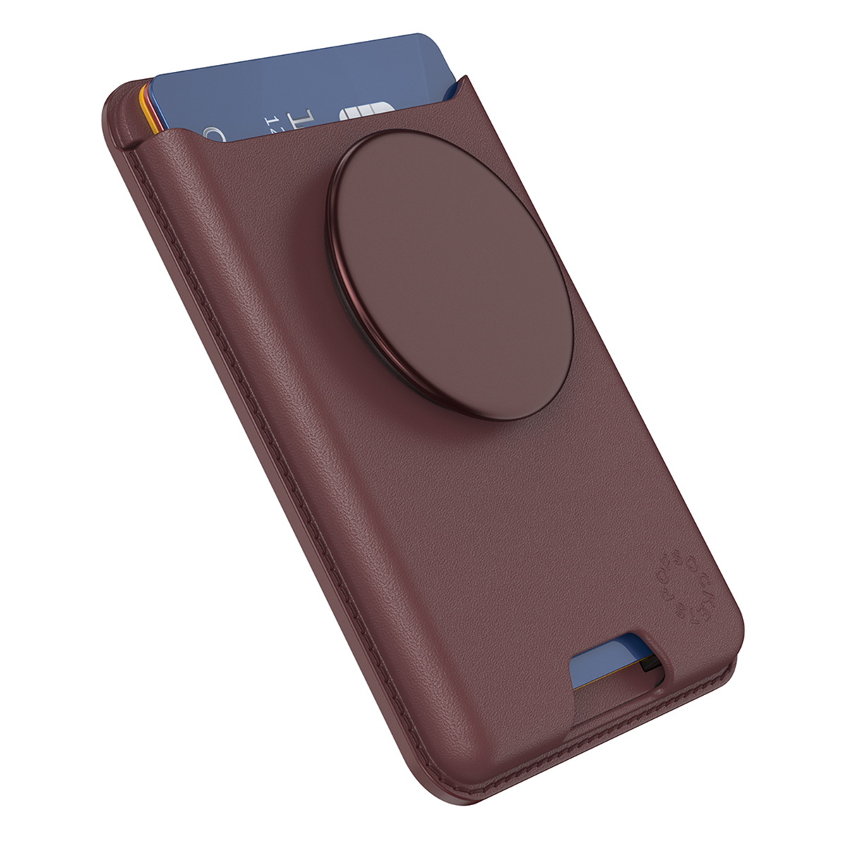 Burgunderfarbenes Leder-Telefon-Portemonnaie mit rundem Pop-up-Griff und Kartenfach.