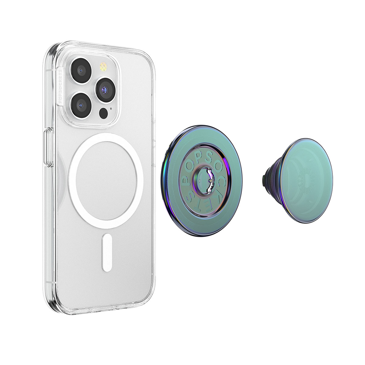 Funda transparente para teléfono con agarre circular blanco y fijación magnética.