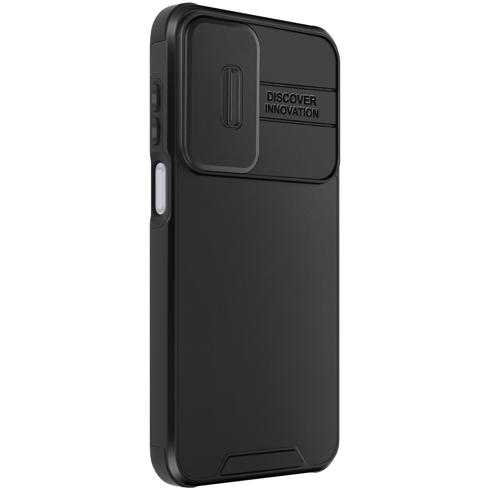 Una custodia per telefono nera con una copertura scorrevole per la fotocamera e testo.