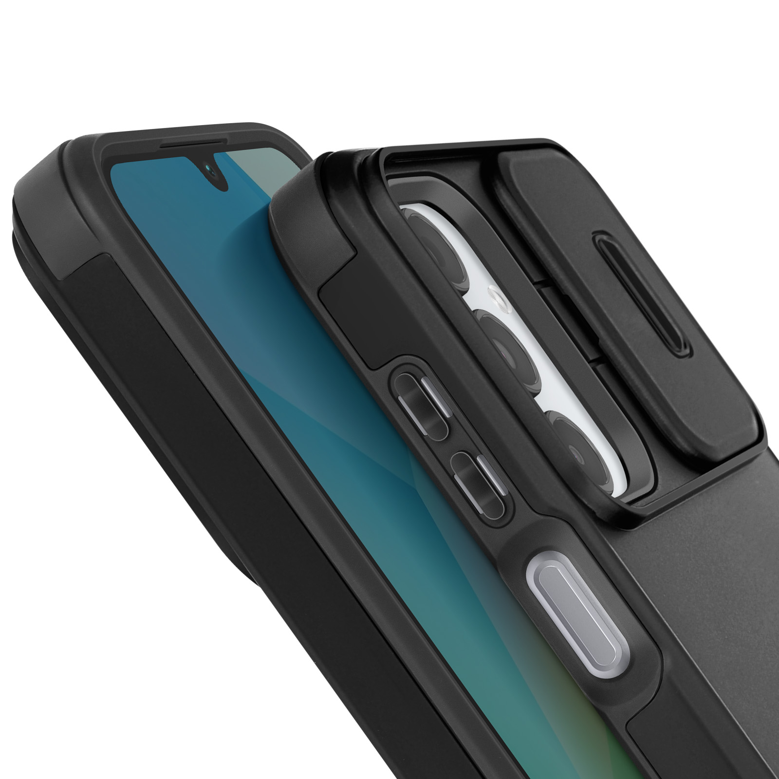 Custodia per telefono con copertura per fotocamera. Il telefono mostra uno schermo. Nera.