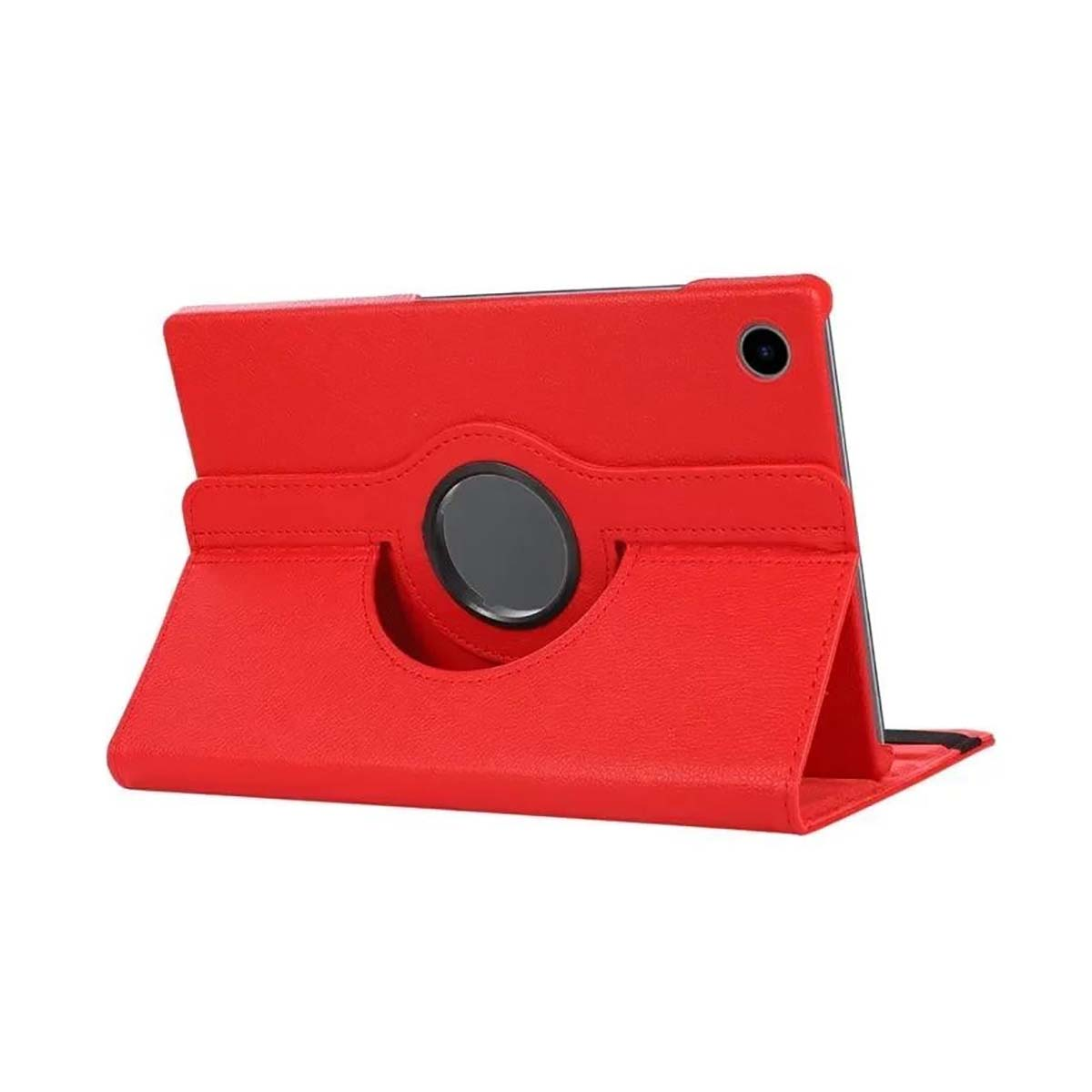 Custodia rossa per tablet in posizione di supporto. Cerchio nero sulla custodia. Fotocamera.