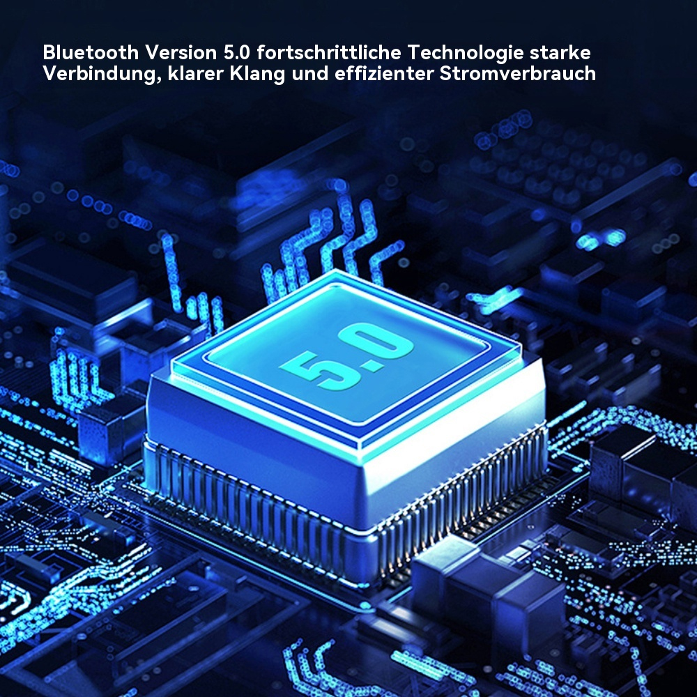 Leiterplatte mit blauem 5.0-Emblem. Zeigt elektronische Komponenten und Verkabelung.
