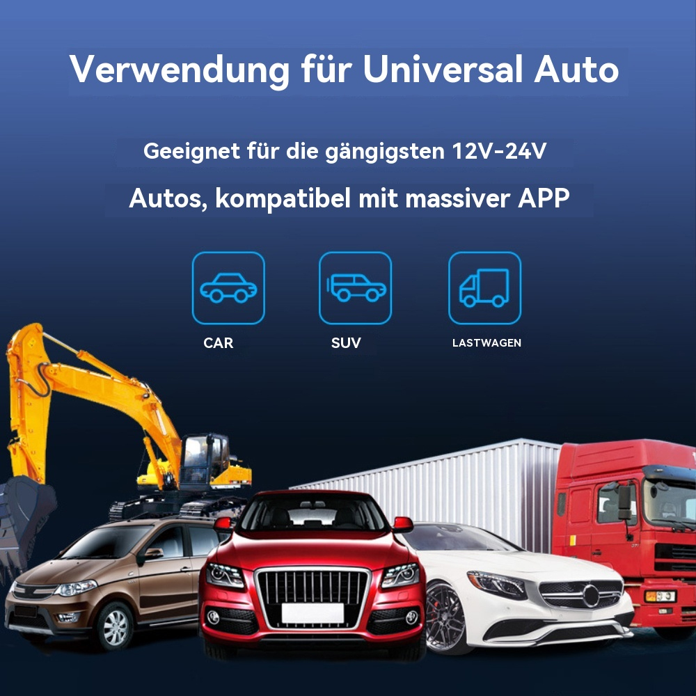 Fahrzeuge mit Symbolen auf blauem Hintergrund. Symbole zeigen ein Auto, einen SUV und einen LKW.
