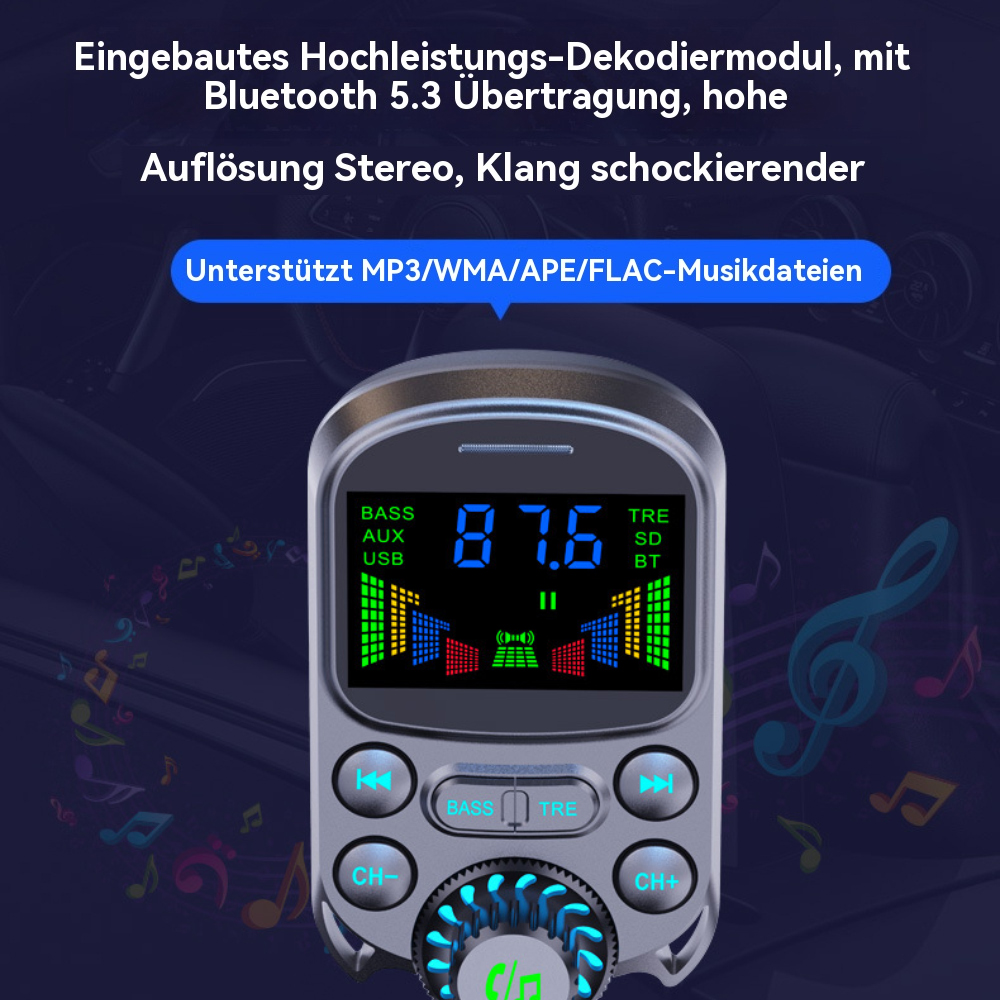 Auto-Audiogerät mit Bildschirm. Der Bildschirm zeigt Zahlen und Musiksteuerungen an. Das Gerät befindet sich im Innenraum eines Autos.
