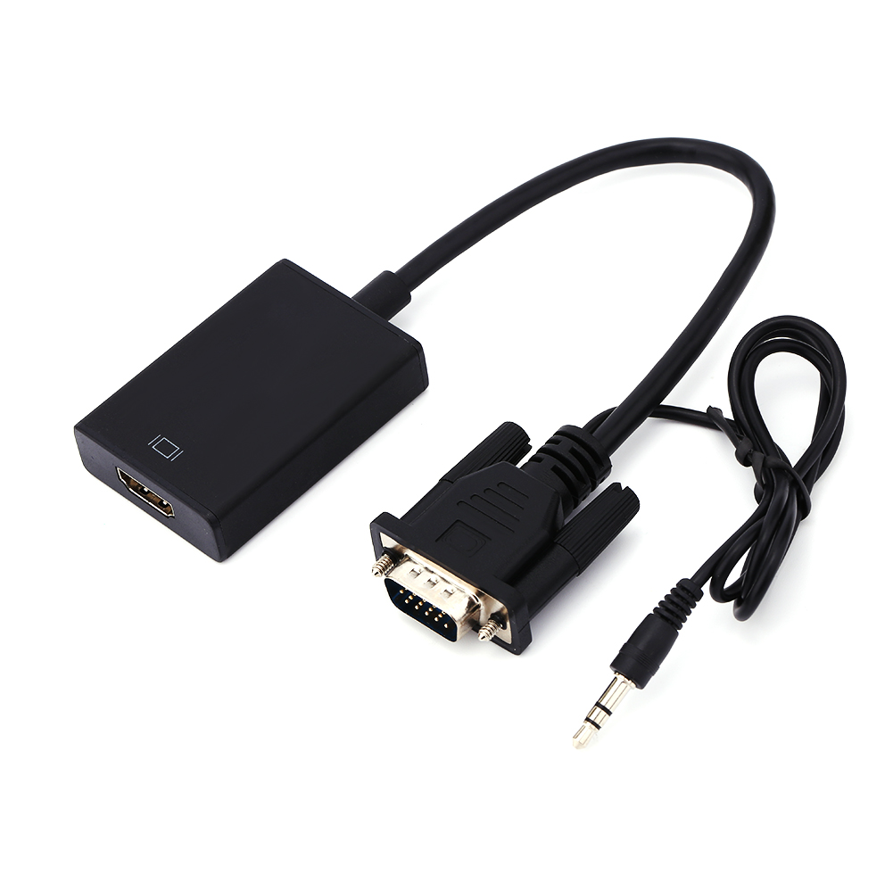 Schwarzes HDMI-zu-VGA-Adapterkabel mit angeschlossenem 3,5-mm-Audio-Klinkenkabel.