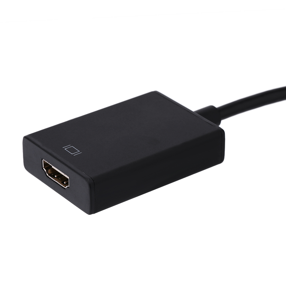 Schwarzer HDMI-Adapter mit HDMI-Anschluss und Kabel auf weißem Hintergrund.