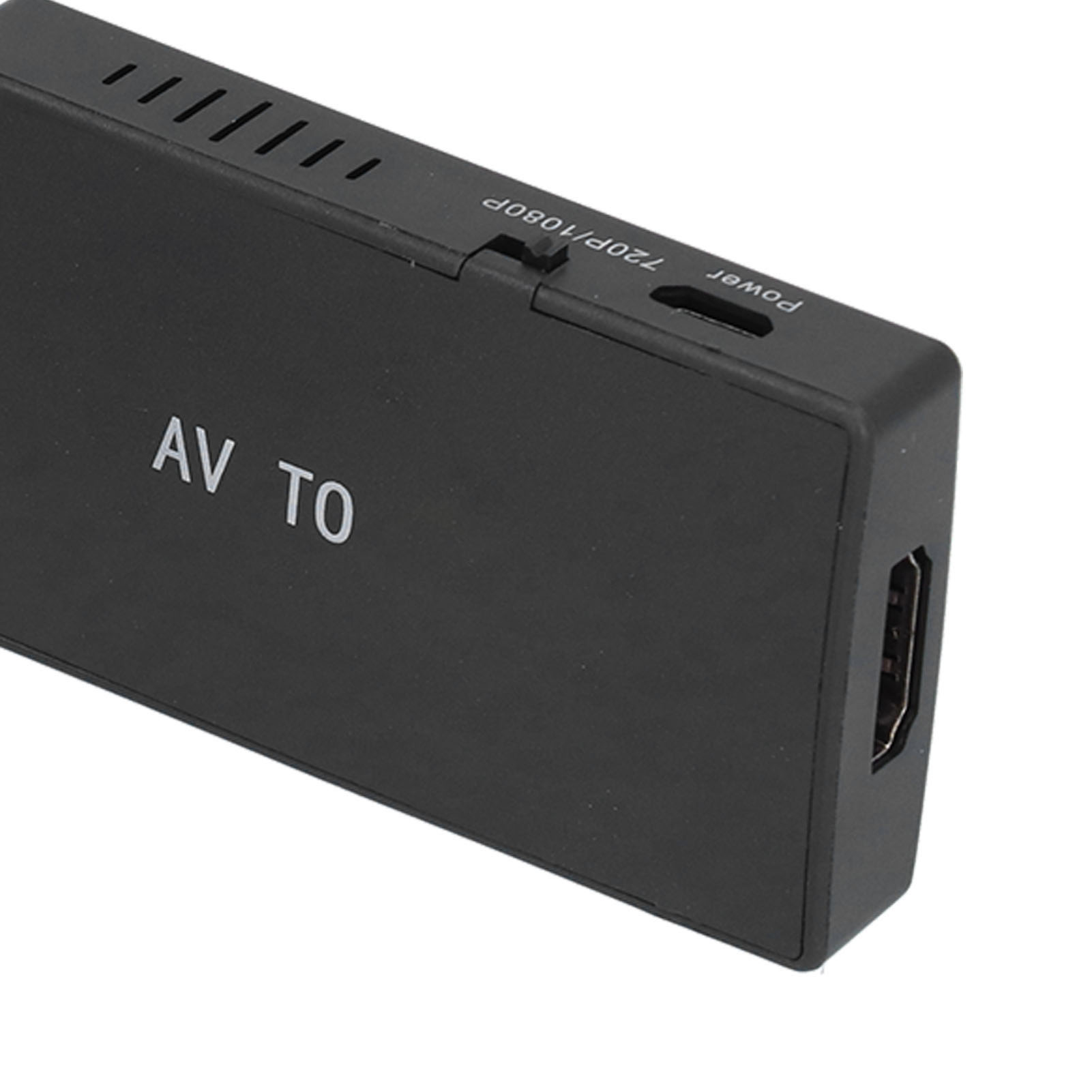 Nahaufnahme eines schwarzen AV-zu-HDMI-Adapters. Zeigt Strom- und Eingangsanschlüsse. Es ist ein schwarzes Rechteck.