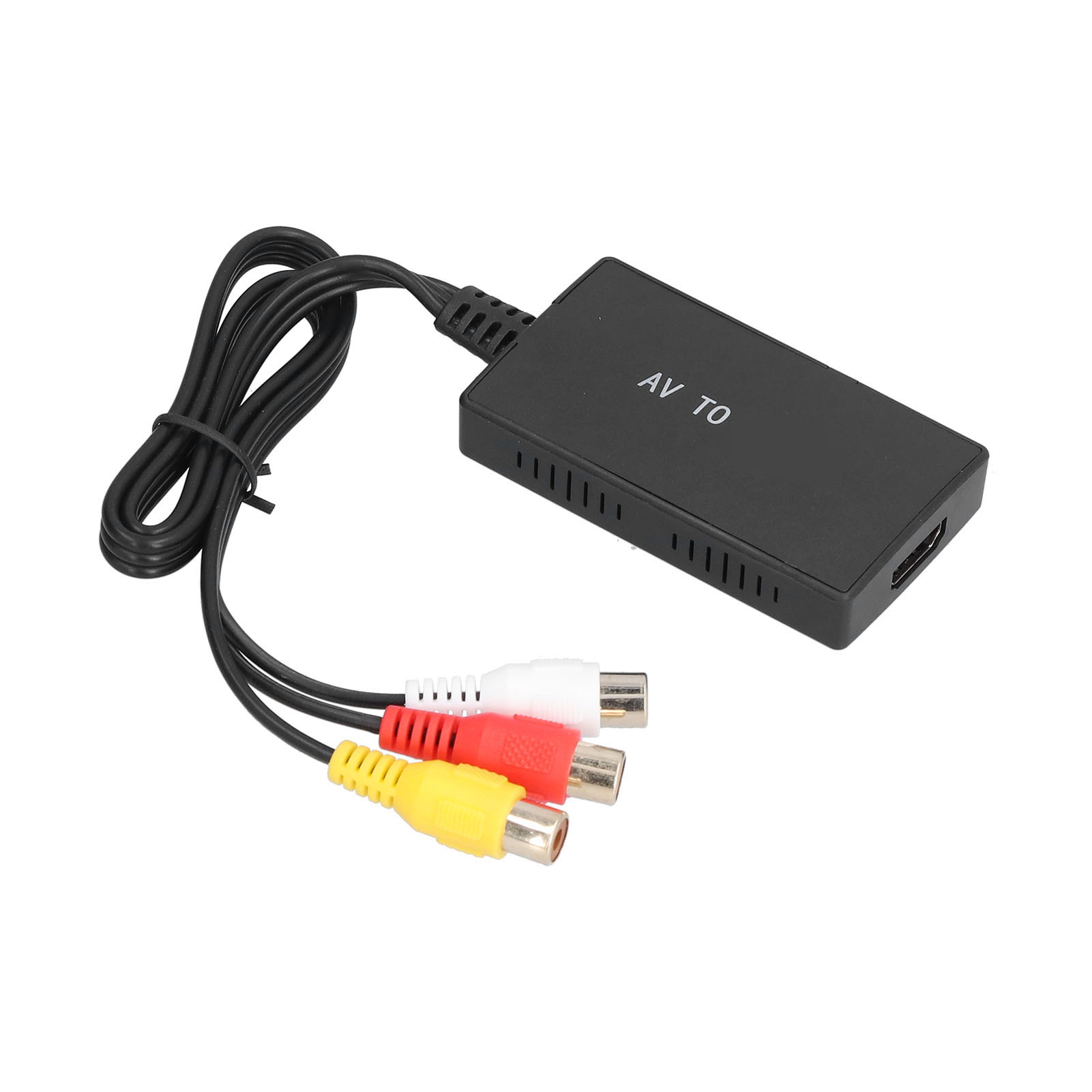 Schwarzer AV-zu-HDMI-Adapter mit drei farbigen Steckern.