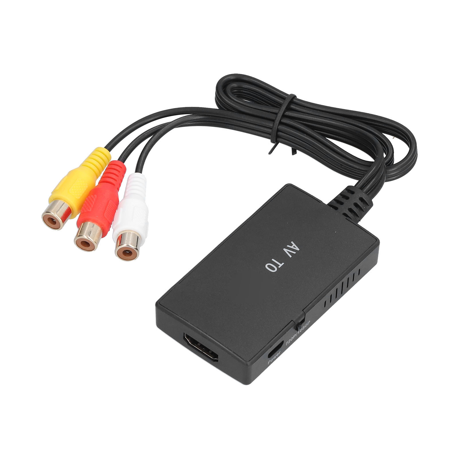 Ein schwarzer AV-zu-Adapter mit drei Cinch-Anschlüssen: gelb, rot und weiß. Ein HDMI-Anschluss ist ebenfalls sichtbar.