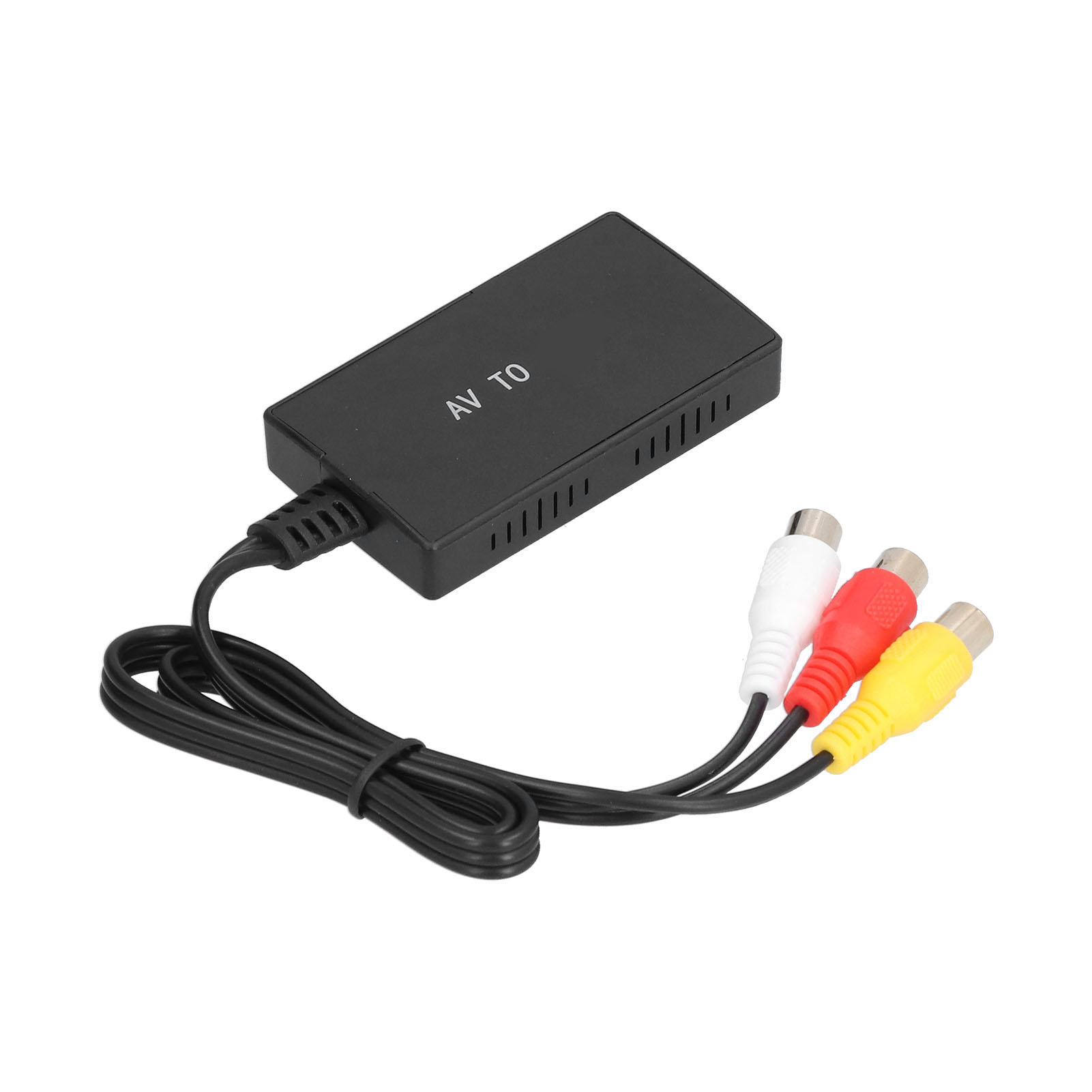 Schwarzer AV-zu-HDMI-Konverter mit roten, weißen und gelben Cinch-Kabeln.