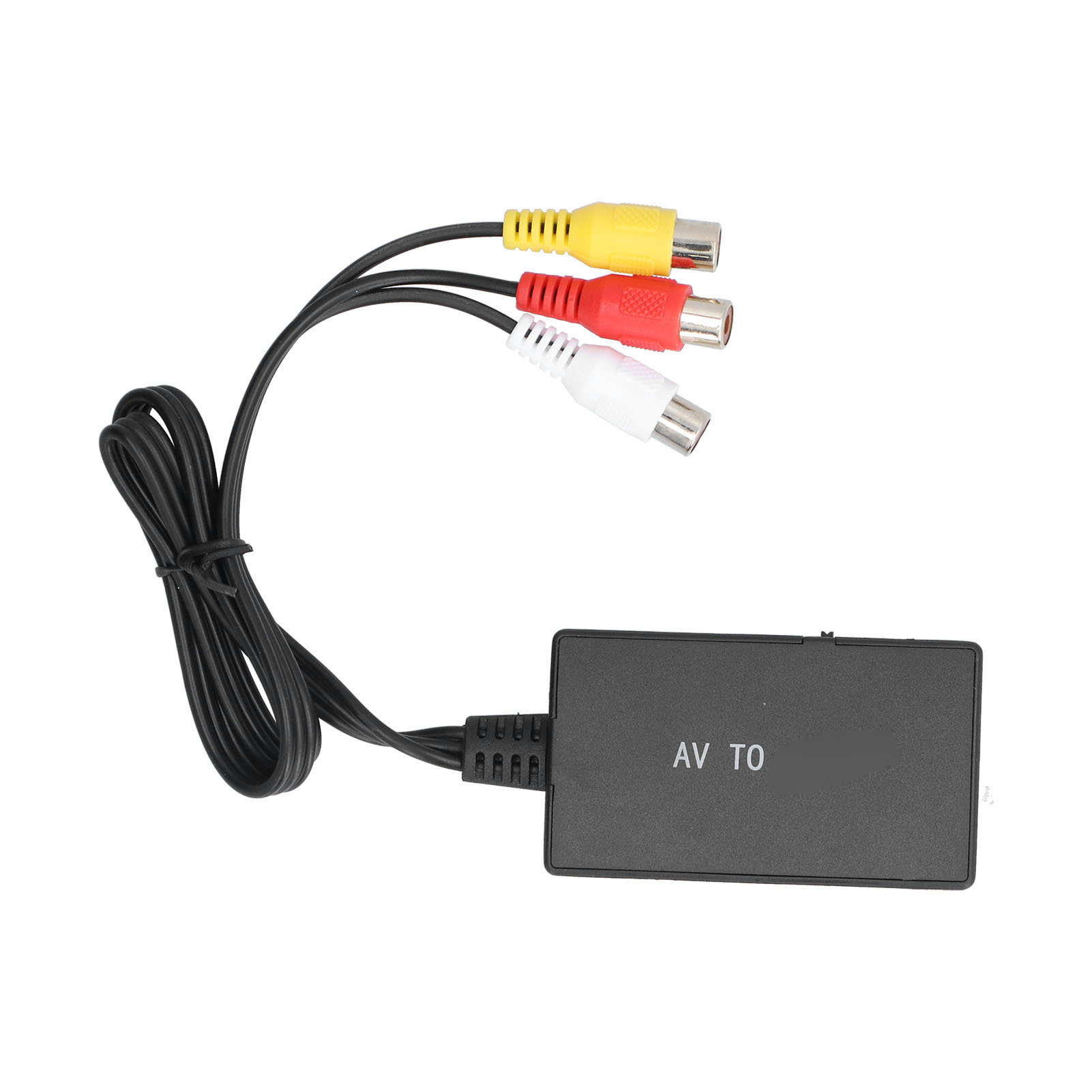 Ein schwarzer AV-zu-Adapter mit einem schwarzen Kabel und drei Cinch-Anschlüssen: gelb, rot und weiß.