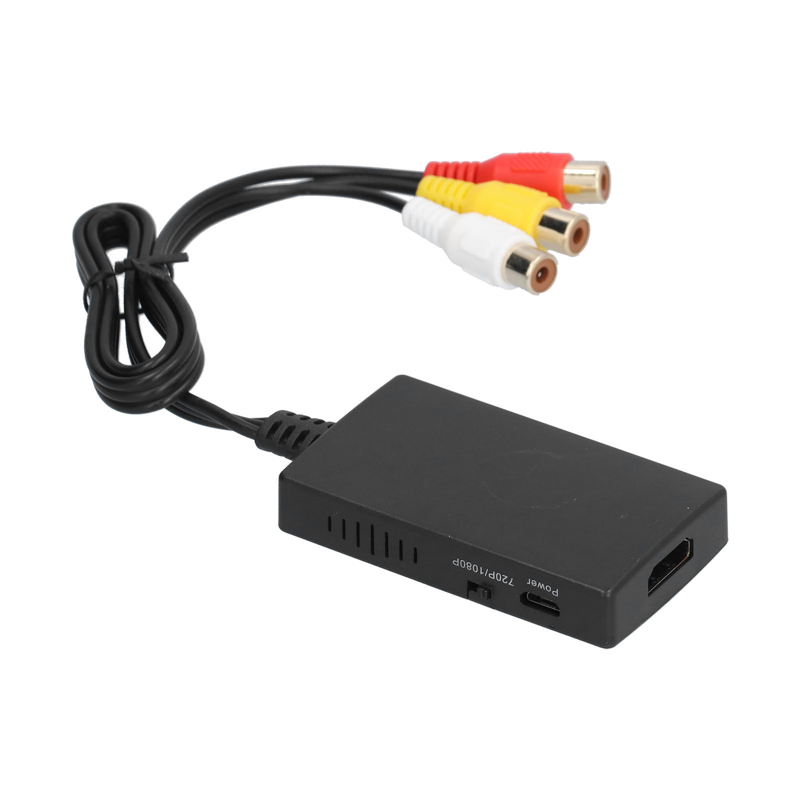 Schwarzer AV-zu-HDMI-Konverter mit roten, weißen und gelben Cinch-Kabeln.